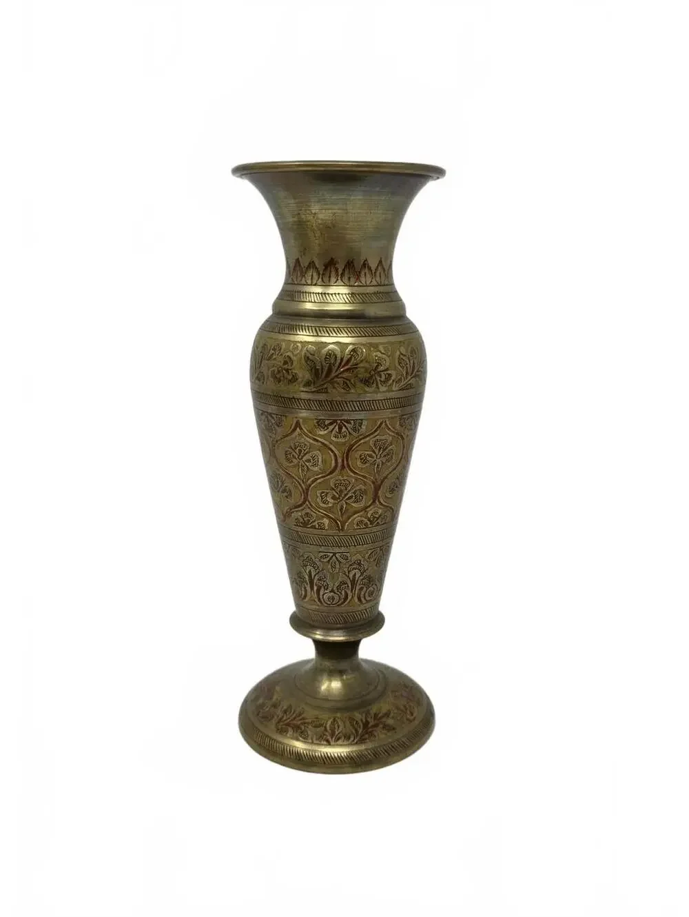 Vintage Brass Pedestal Vase Etched Floral Red Cream Accents India 7.75